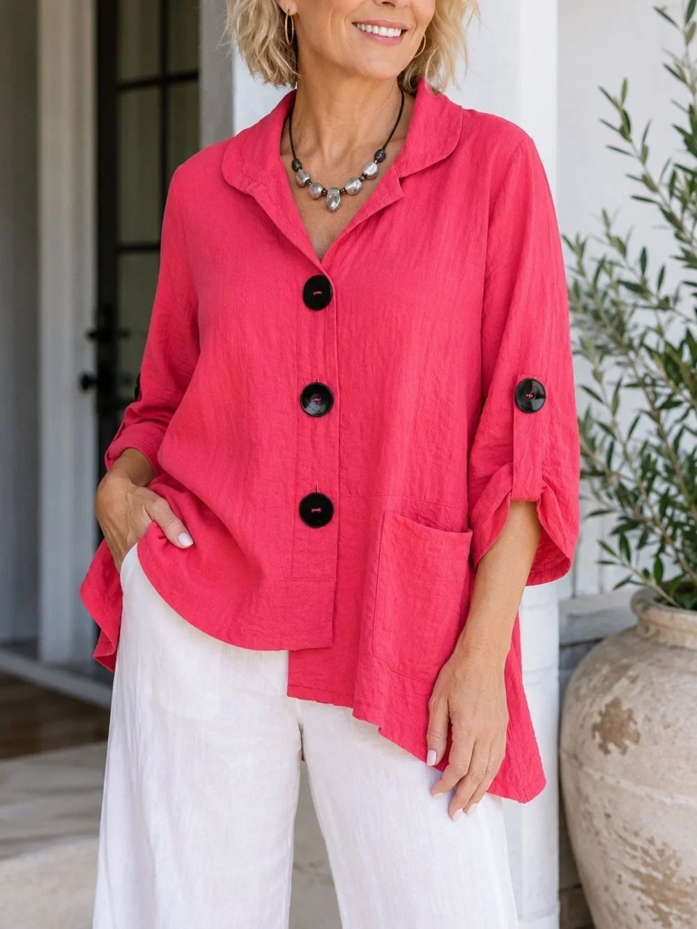 IC by Connie K Pink Crinkle Jacket Cotton Blend Button Front Shirt Size Small